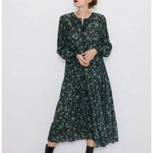 Zara Womens The Angel Green Floral Prairie Midi Dress Long Sleeves size XS